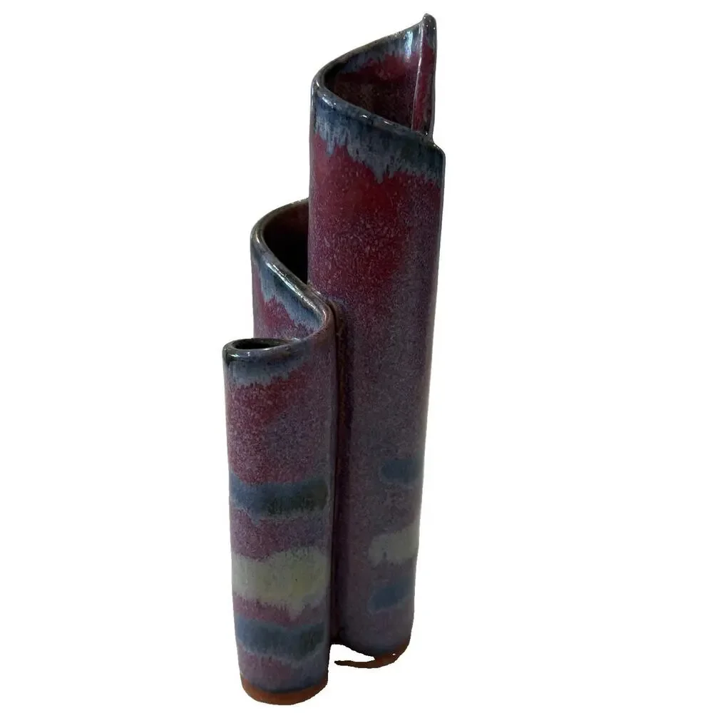 Vintage 1988 Bay Pottery Ribbon Vase 3-Chamber 7” Studio Art Purple Blue Glaze